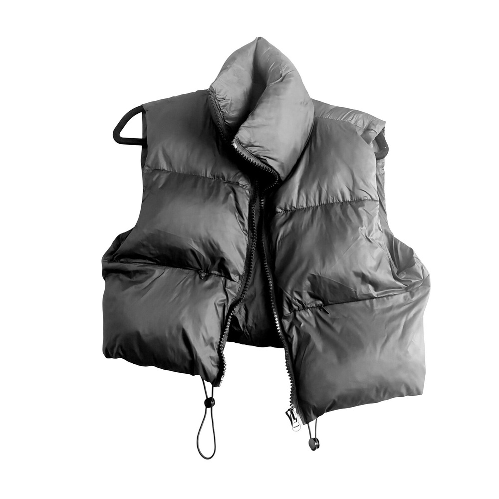 Cropped Quilted Puffer Vest Women Brown High Neck Zip Front Drawstring Waist‎
